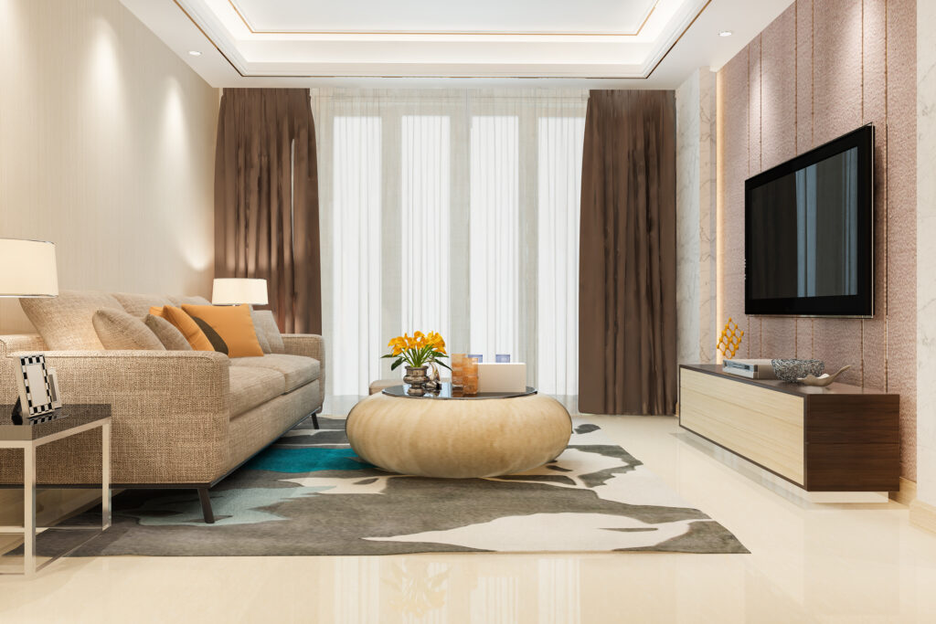 3d rendering loft luxury living room with bookshelf with pouf