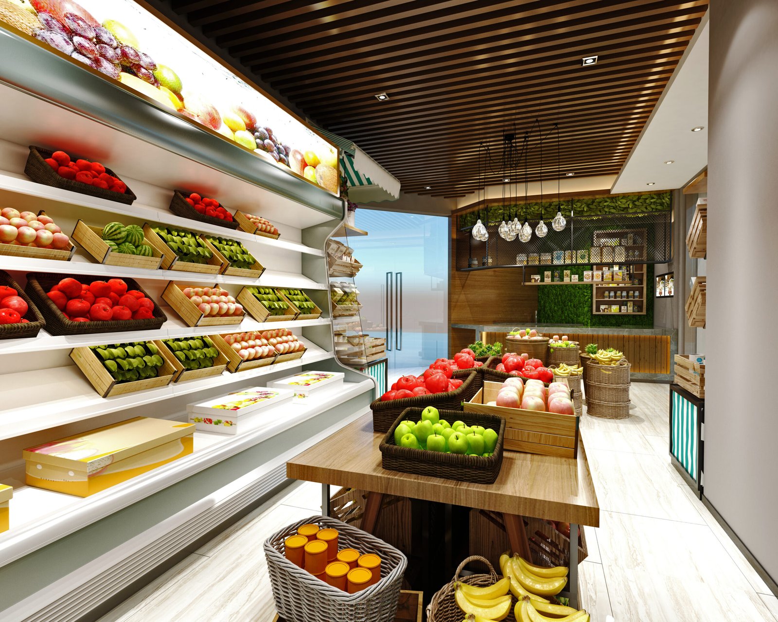 Supermarket shelves interior 3D render