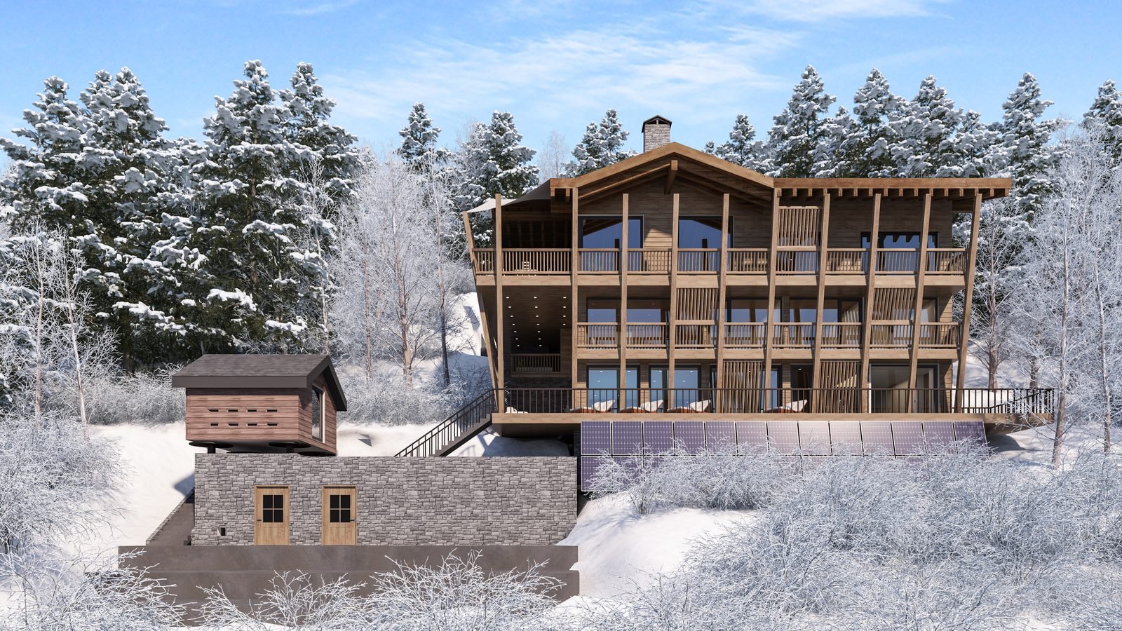 Luxury alpine chalet exterior 3D rendering, Saas-Fee Switzerland