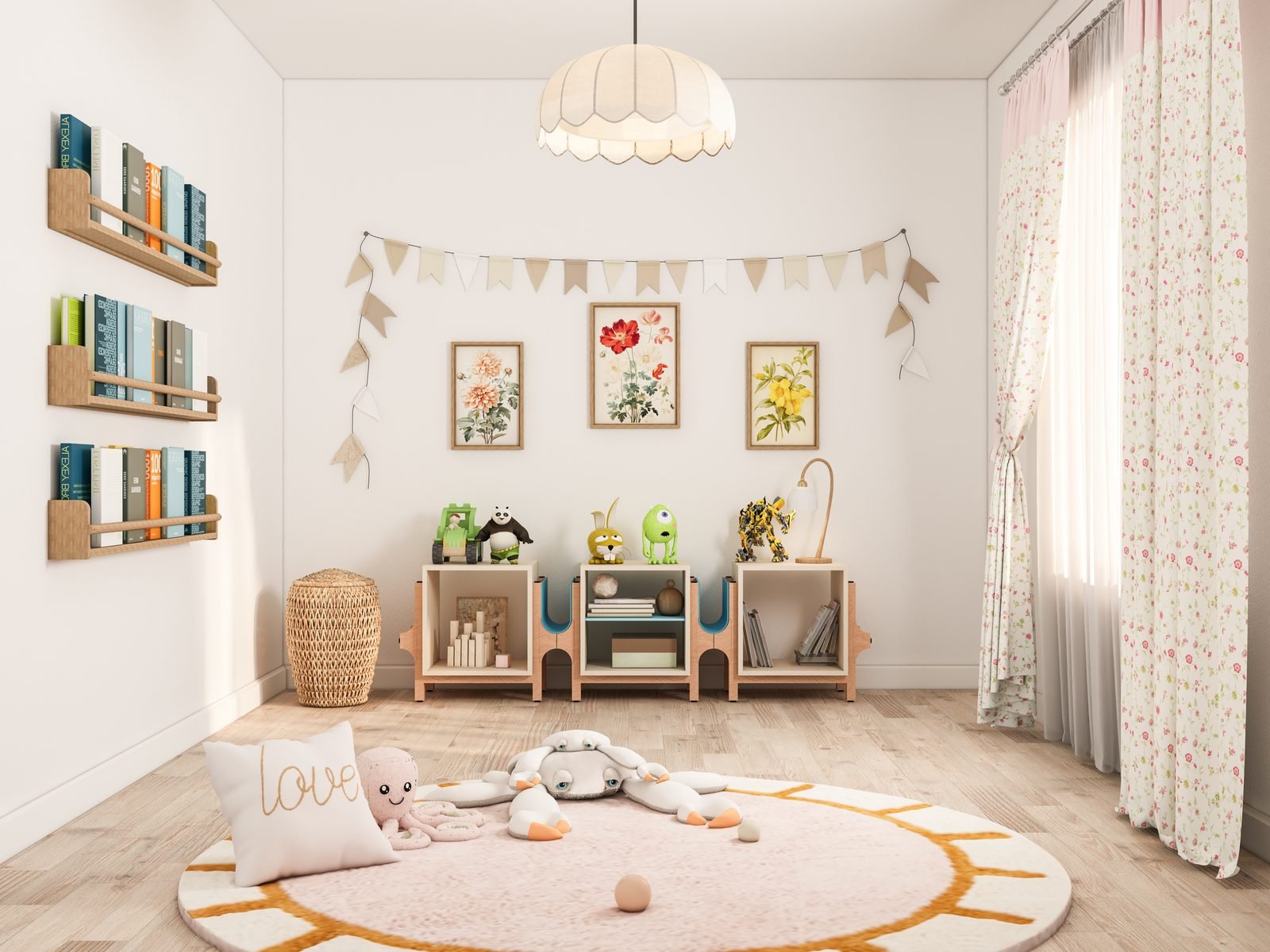 Modular shelving product render - playroom scenario