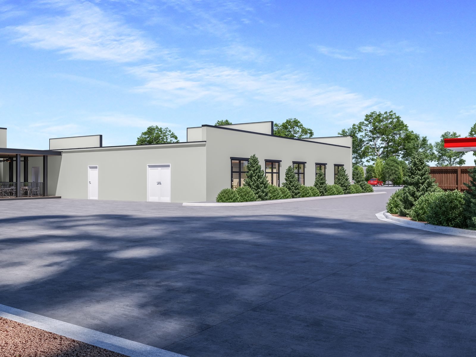 Entrance and patio view - 3D rendering