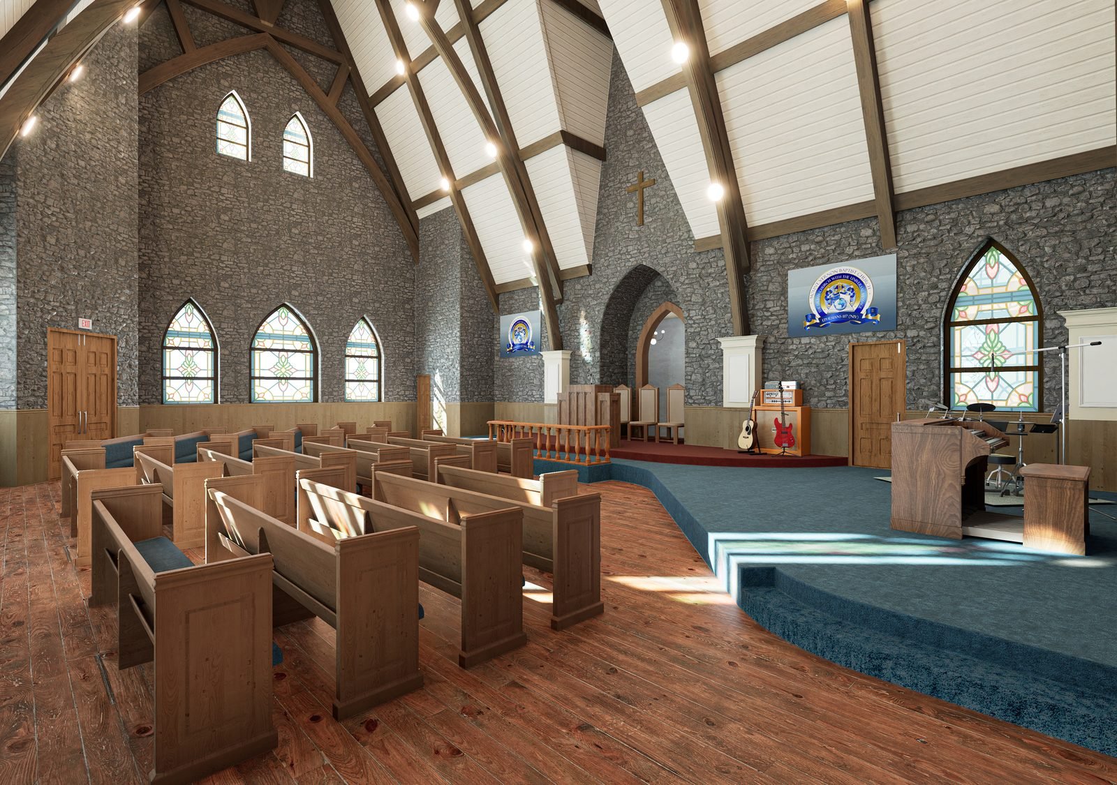 Church sanctuary interior 3D rendering, Philadelphia