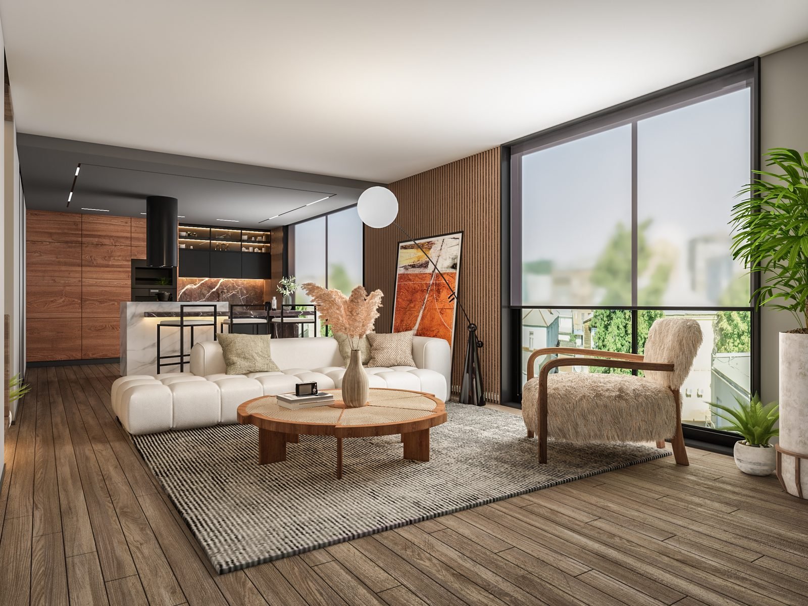 Scandinavian sofa product 3D render in styled living scene
