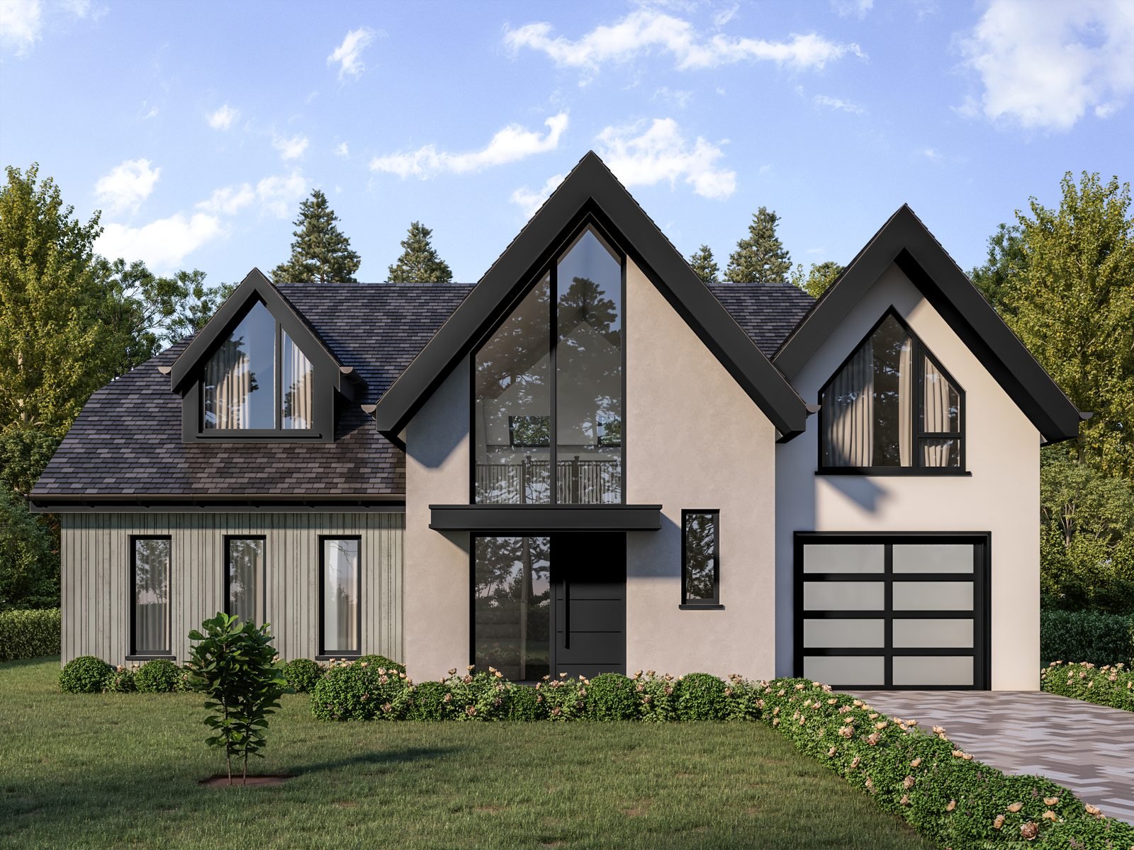 Contemporary house front exterior 3D rendering